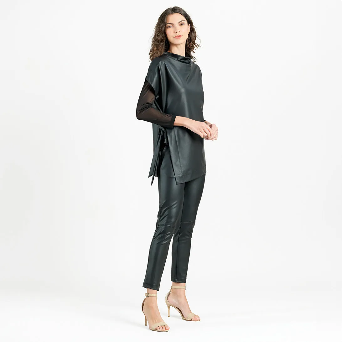 Liquid Leather - Funnel Neck Side Vent Tie Tunic - Black