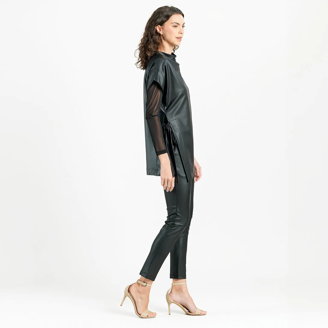 Liquid Leather - Funnel Neck Side Vent Tie Tunic - Black