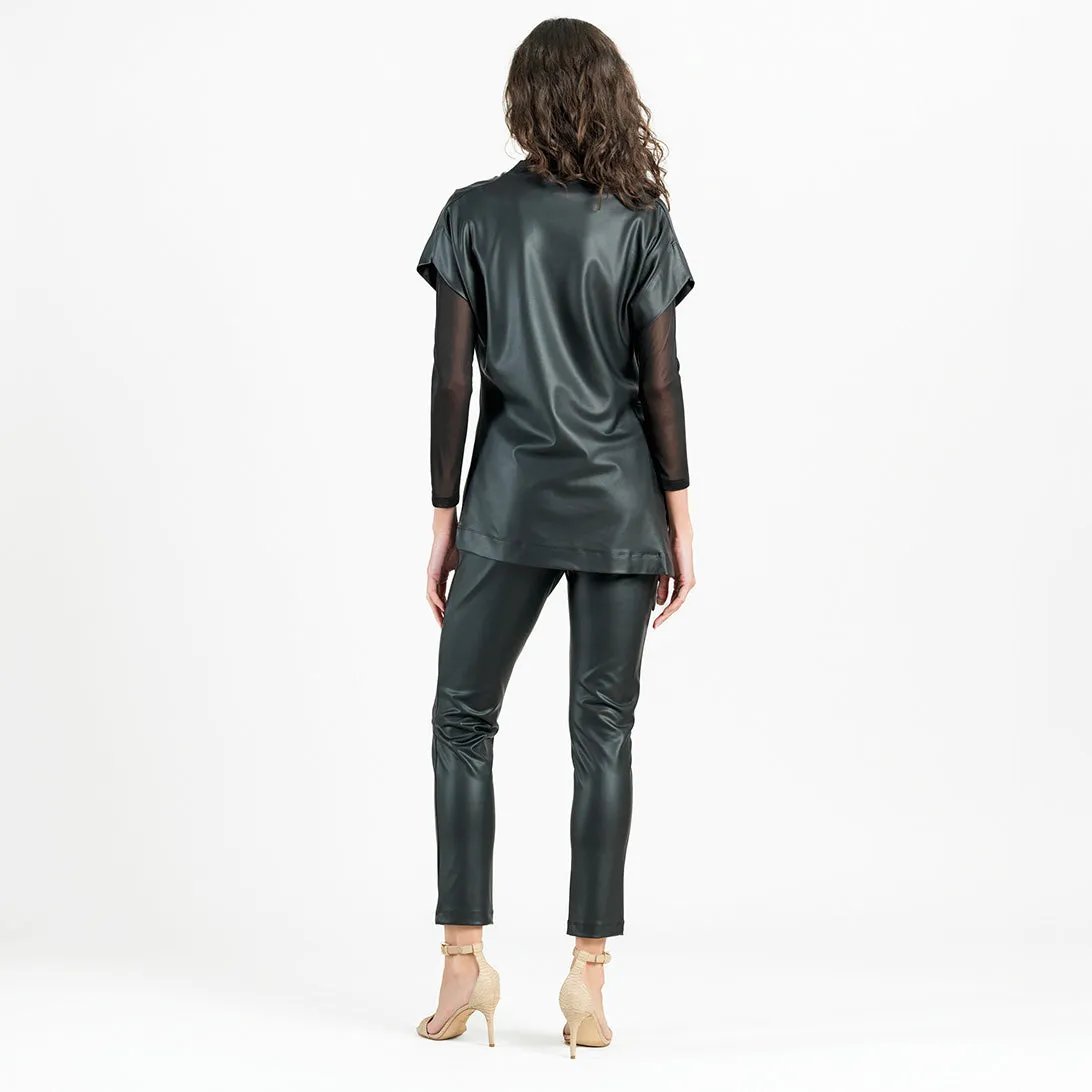 Liquid Leather - Funnel Neck Side Vent Tie Tunic - Black