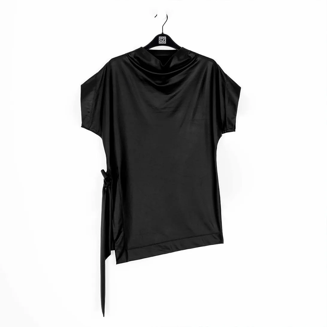 Liquid Leather - Funnel Neck Side Vent Tie Tunic - Black