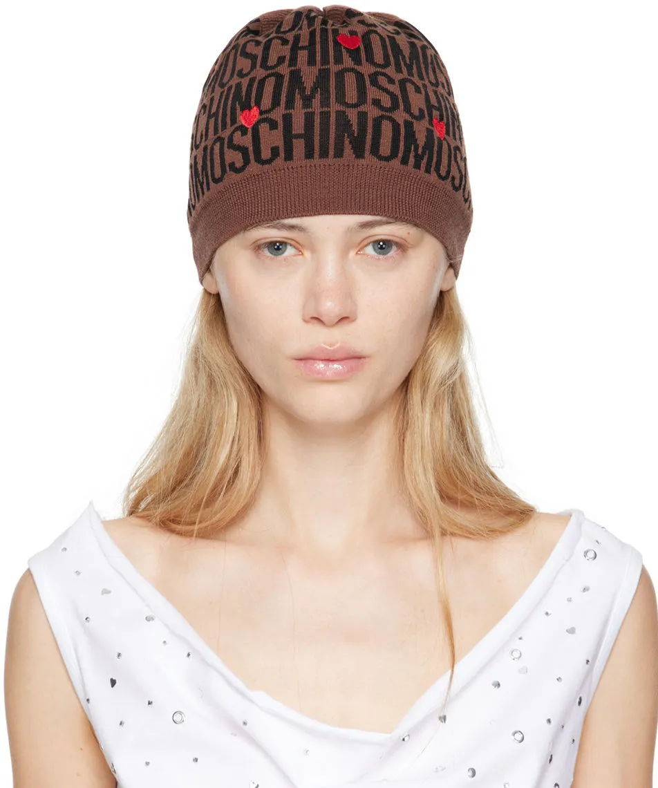 Moschino Brown Hearts Embroidery Jacquard Beanie