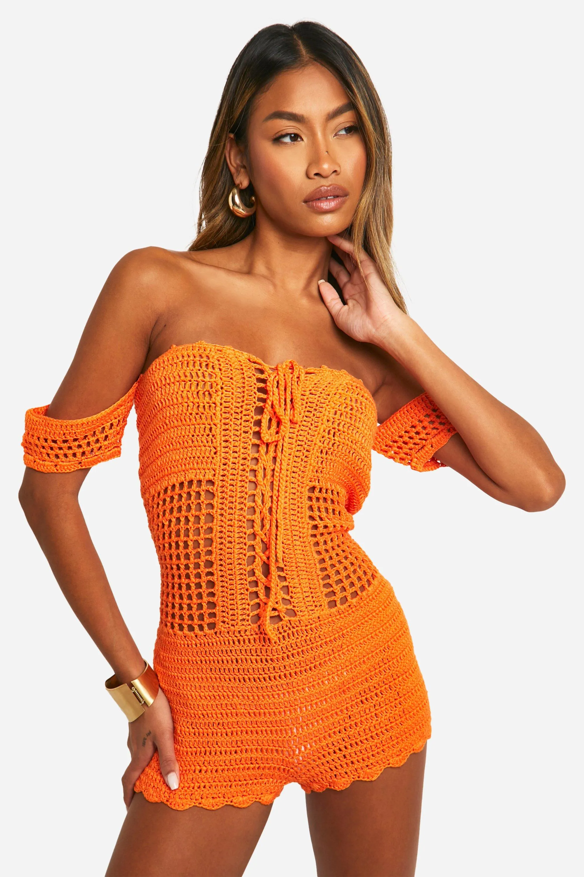 Off The Shoulder Crochet Lace Up Romper