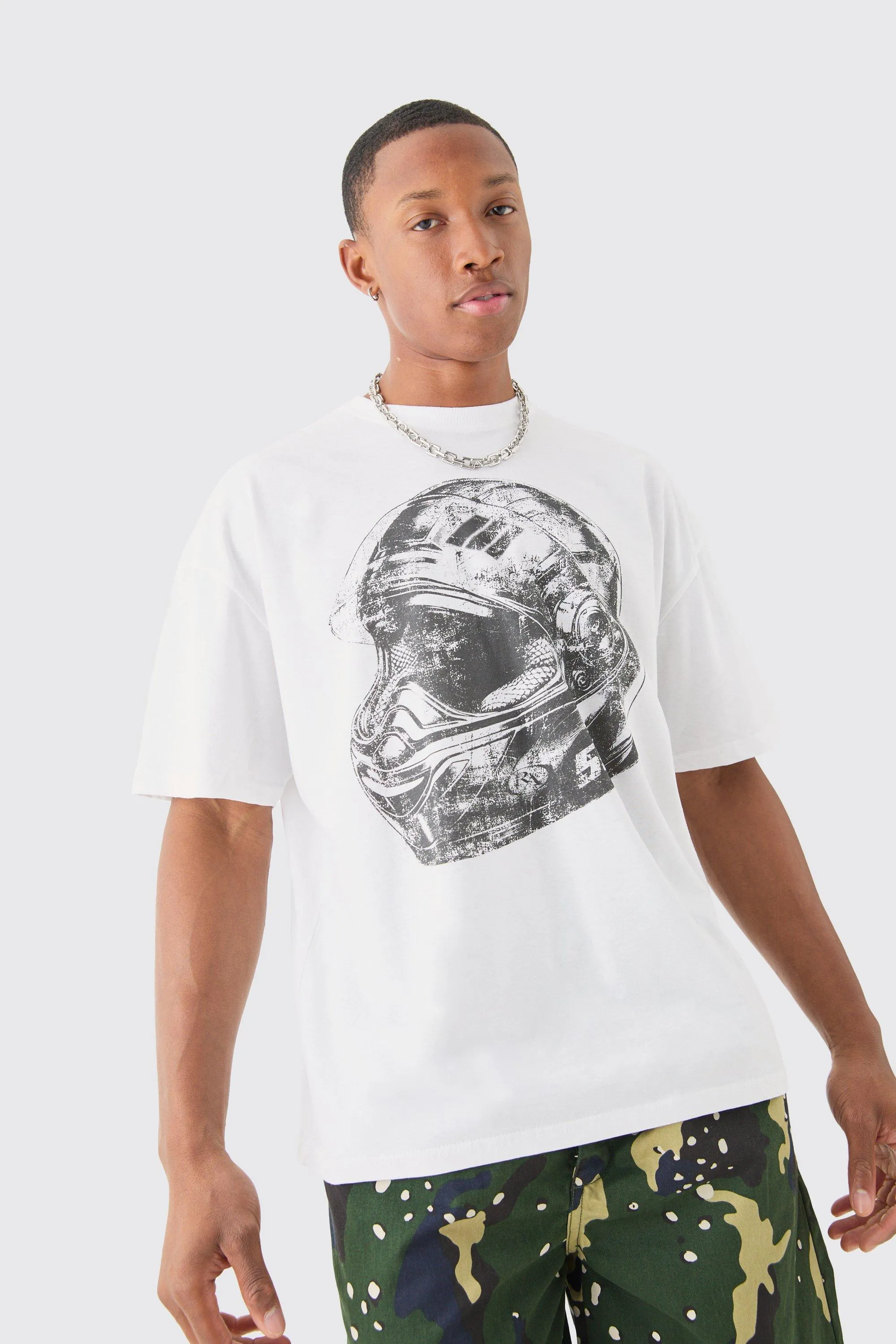 Oversized Moto Helmet Printed Illustration T-shirt