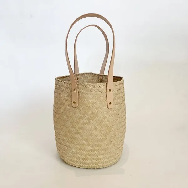 palm and natural leather basket bag