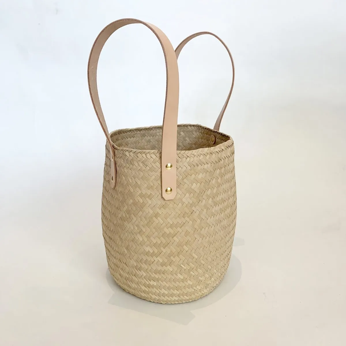 palm and natural leather basket bag