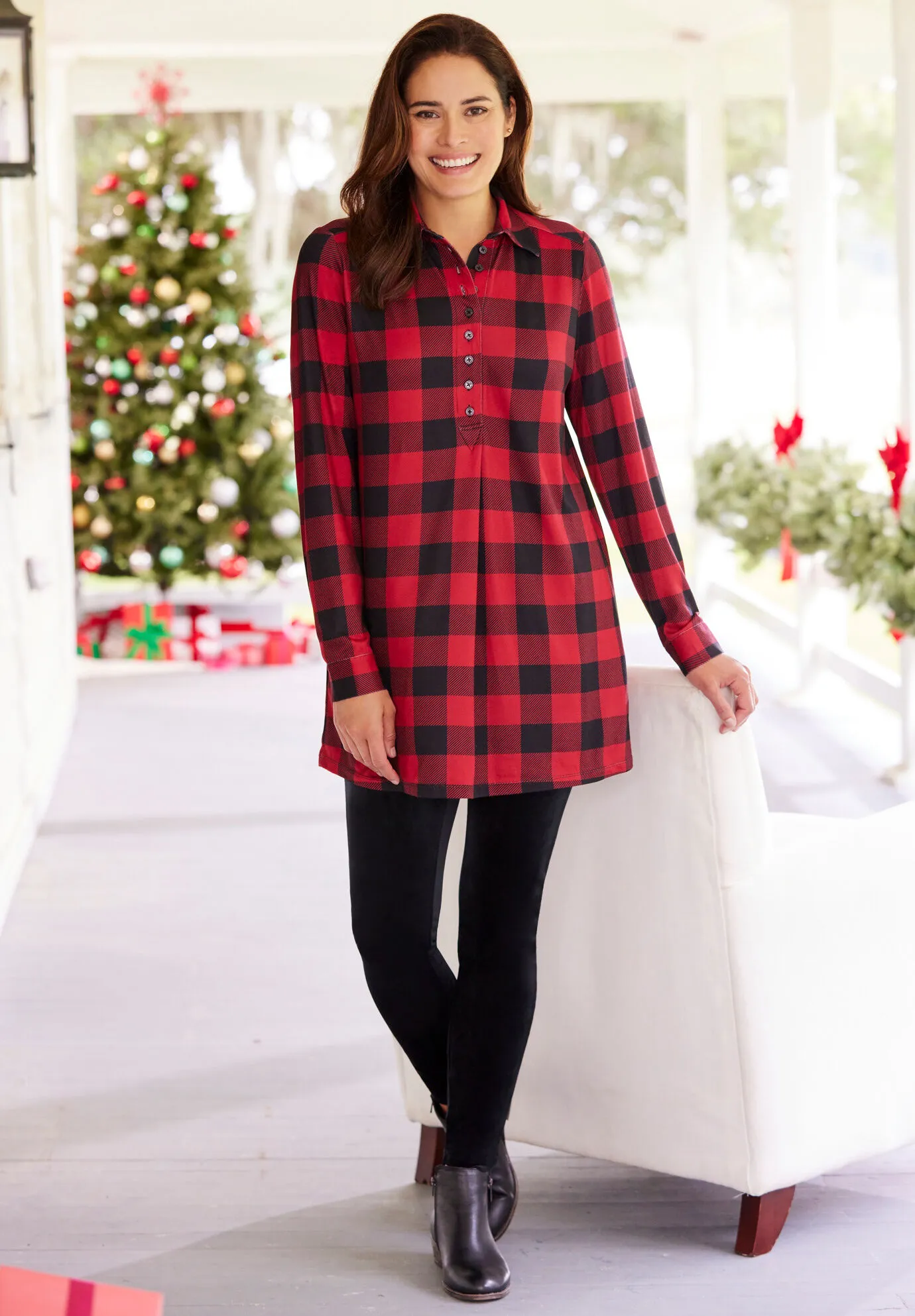 Plaid Knit Tunic With Collar