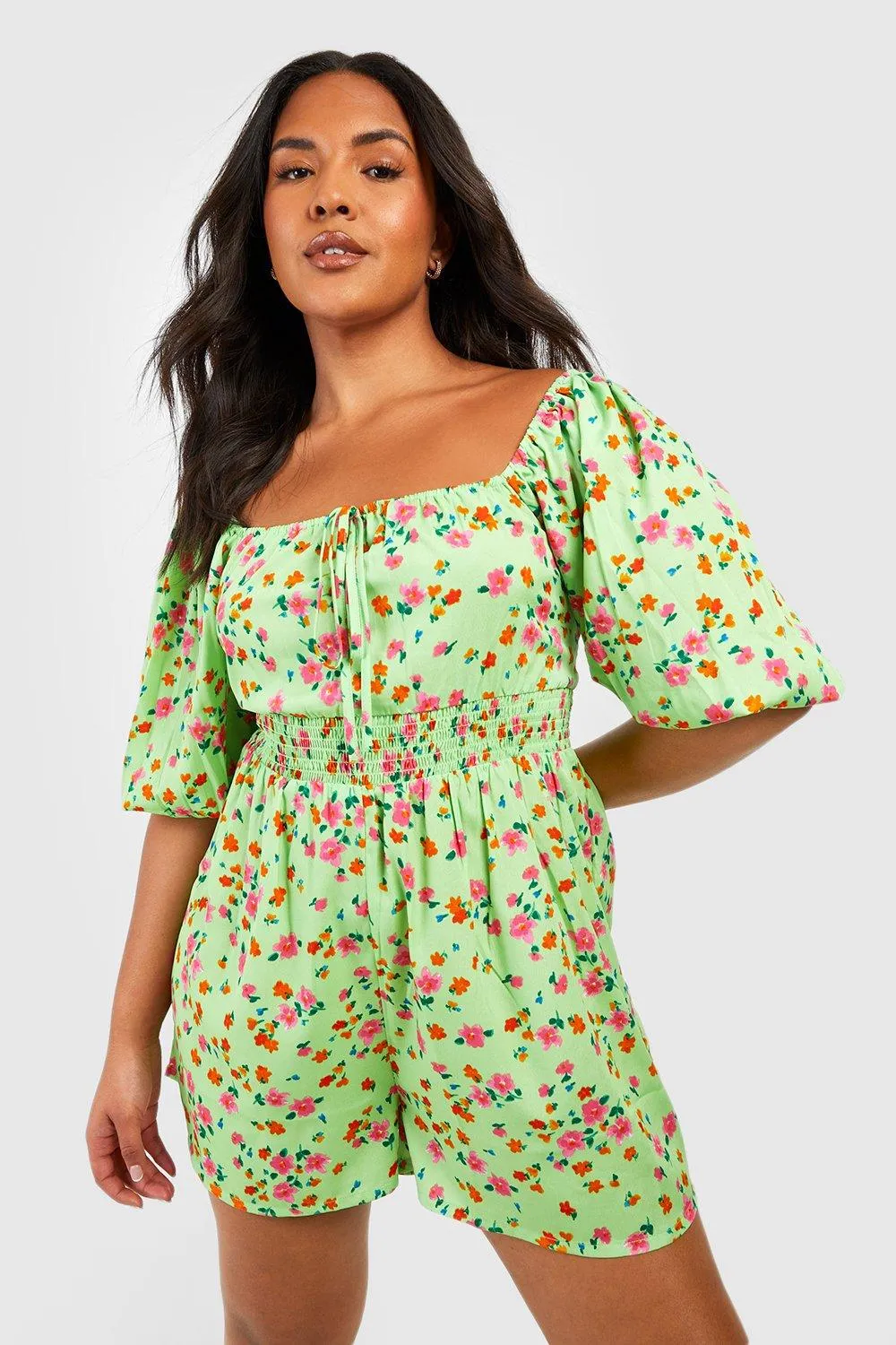 Plus Floral Puff Sleeve Flippy Romper