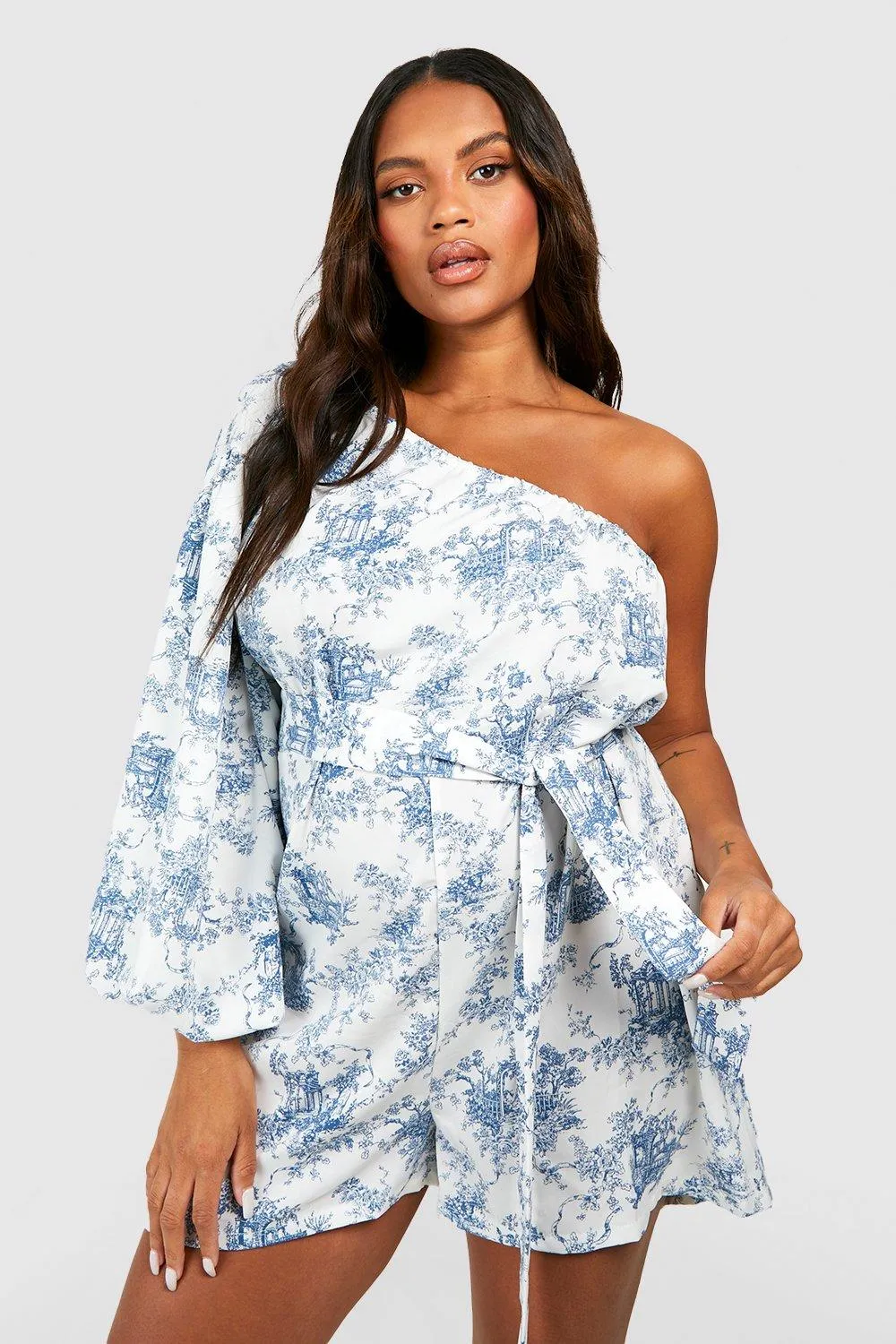 Plus Porcelain Woven One Shoulder Belted Romper