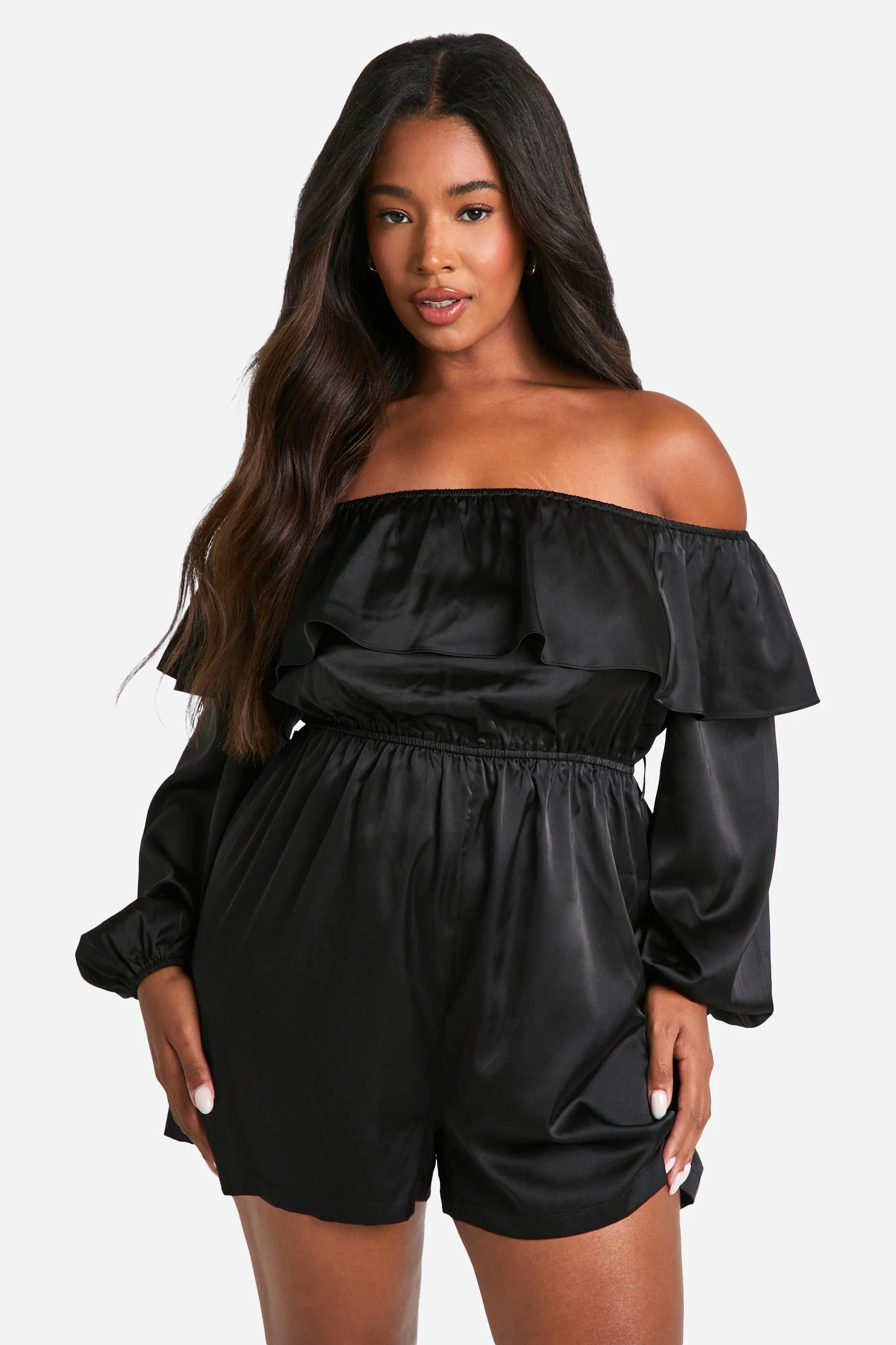 Plus Satin Frill Off The Shoulder Romper