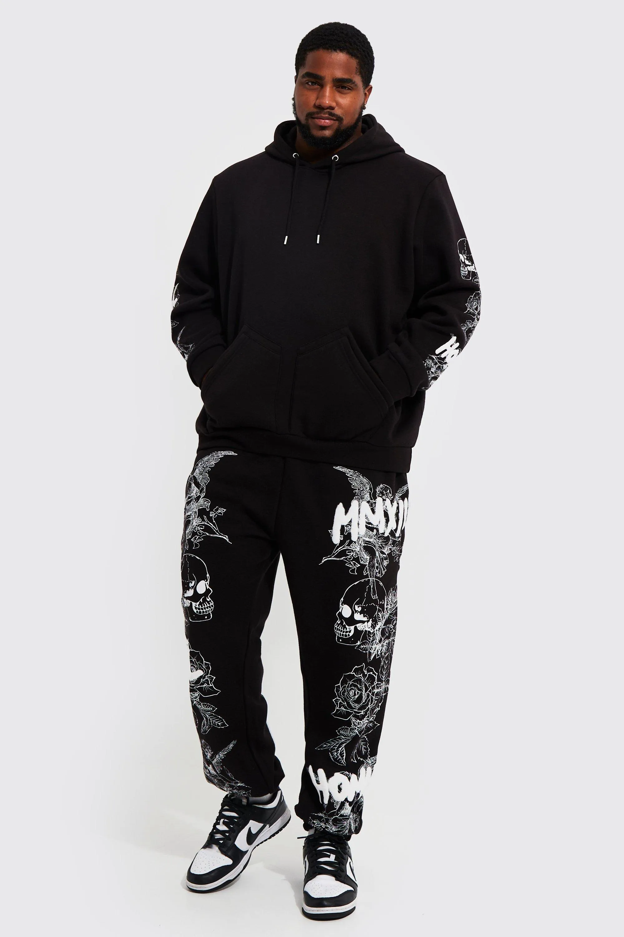 Plus Skull Graffiti Graphic Hooded Tracksuit | boohooMAN UK