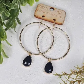 PP Large Gold Hoop Black Drop Earrings