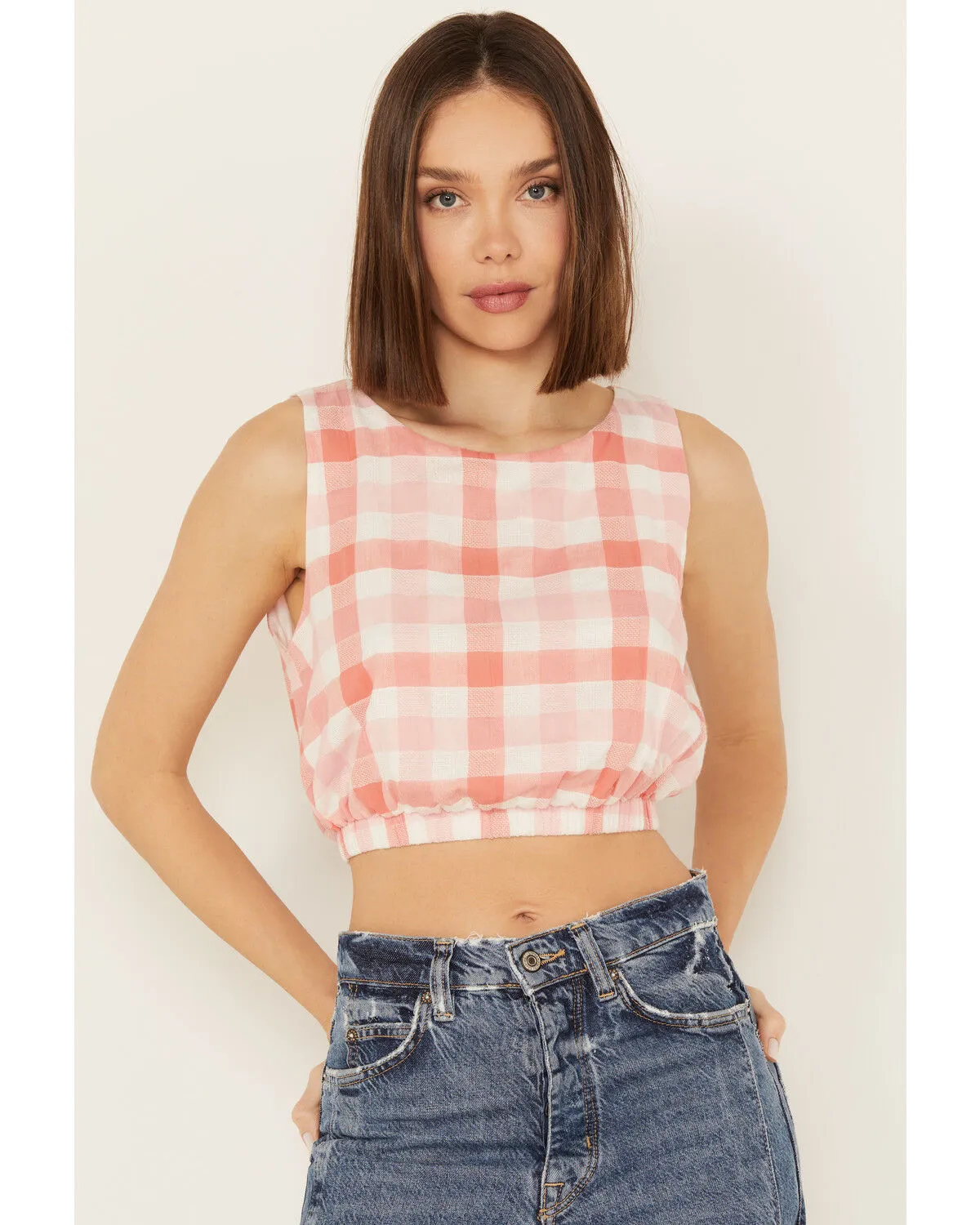 Product Name:  By Together Women's Gingham Print Cropped Sleeveless Top