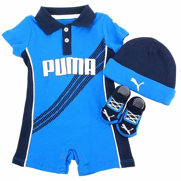 Puma Infant Boy's 3-Piece Logo Short Sleeve Cotton Romper Set