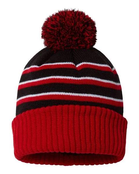 Richardson - Striped Pom Cuffed Beanie