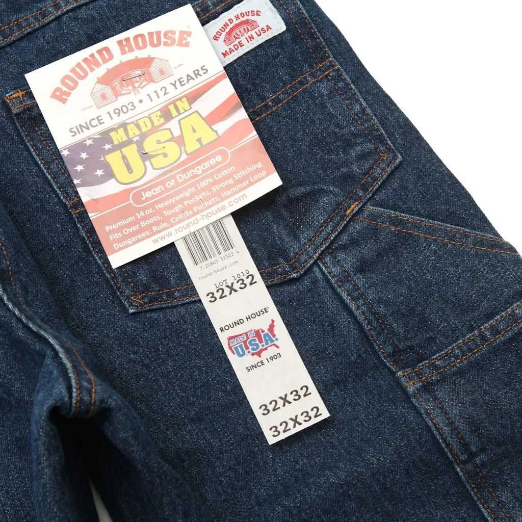 Round House Jeans #1010 Carpenter Work Dungaree Dark Stone Washed - Made In USA