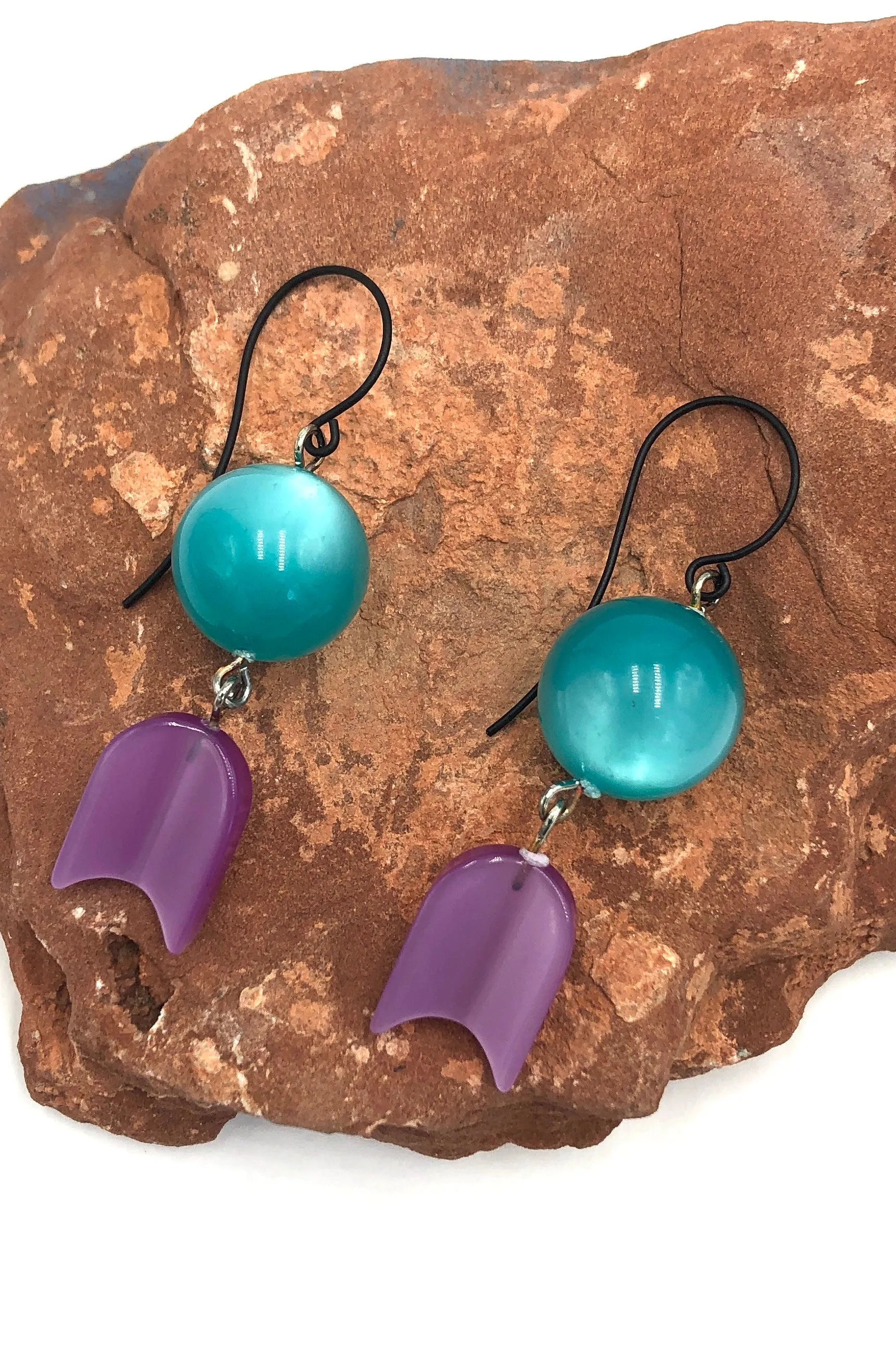 Round Teal and Lilac Moonglow Statement Earrings