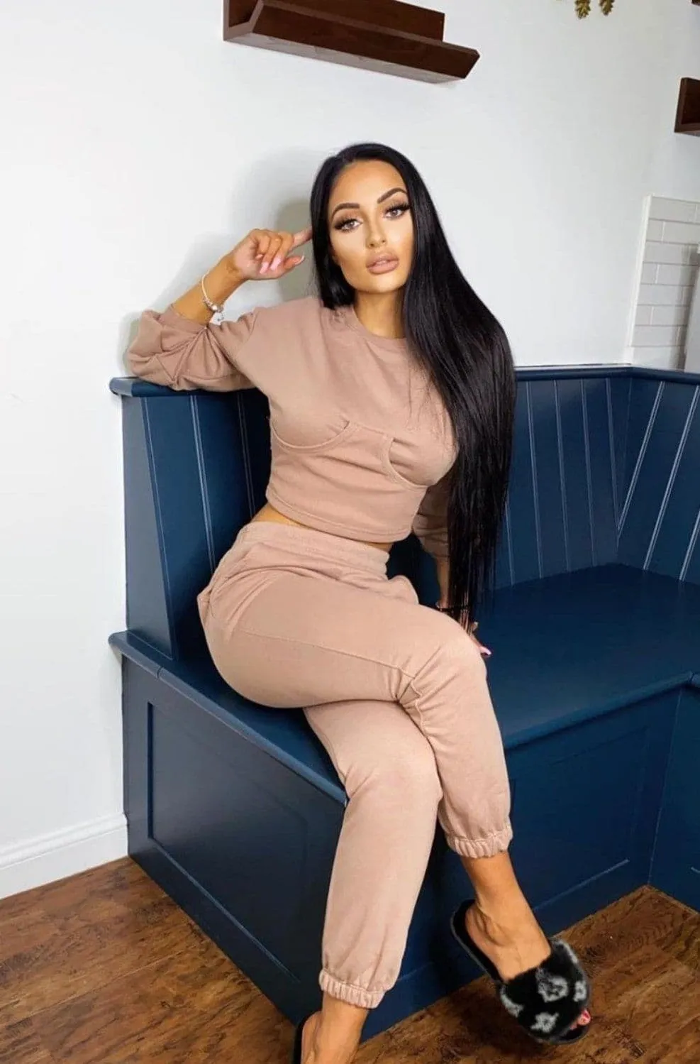 Sasha Taupe Under Bra Waisted Sweatshirt Tracksuit Set