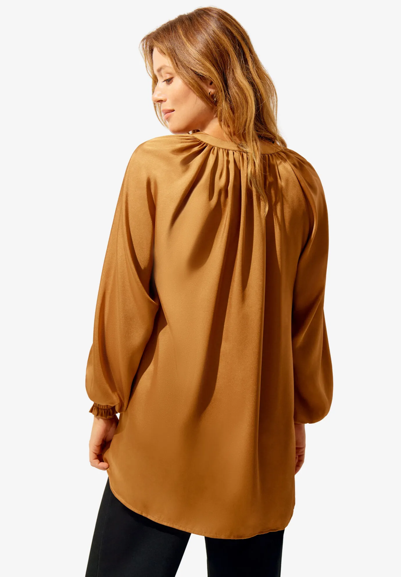 Satin V-Neck Tunic With Blouson Sleeves