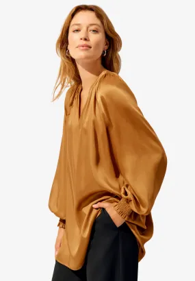 Satin V-Neck Tunic With Blouson Sleeves