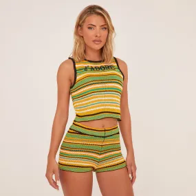 Sleeveless J'Adore Slogan Crop Top In Yellow Stripe Knit