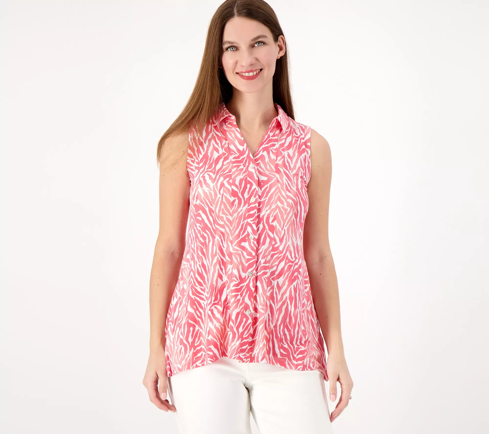 Susan Graver Printed Liquid Knit Sleeveless Button-Front Regular Tunic