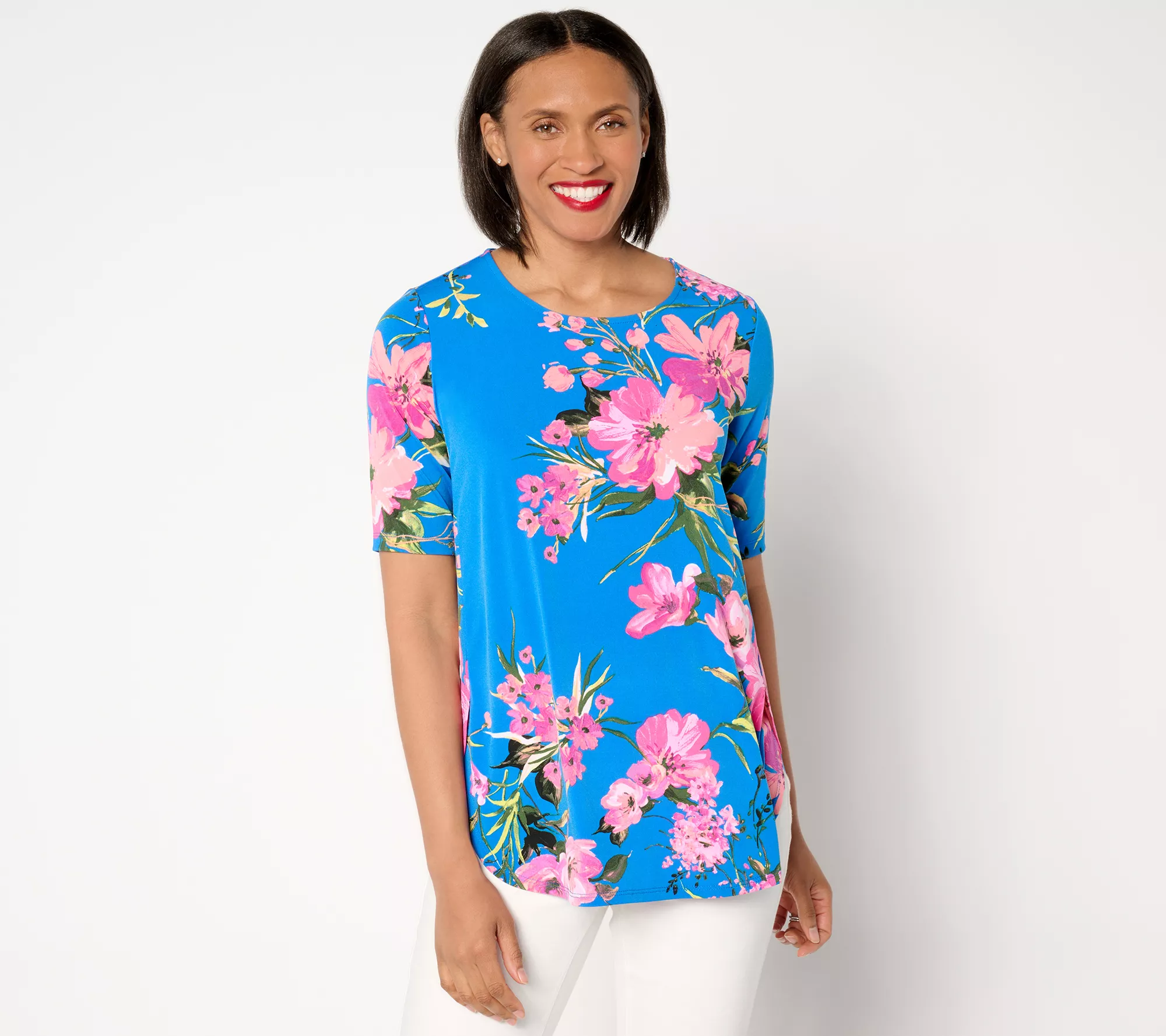 Susan Graver Regular Printed Liquid Knit Shirttail Hem Tunic