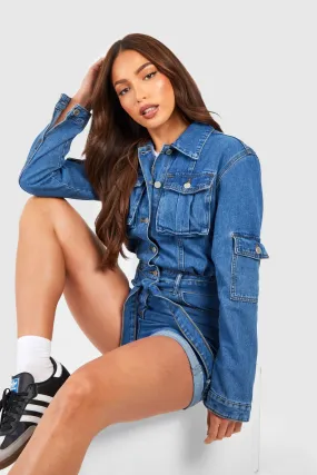 Tall Belted Tapered Cargo Denim Romper