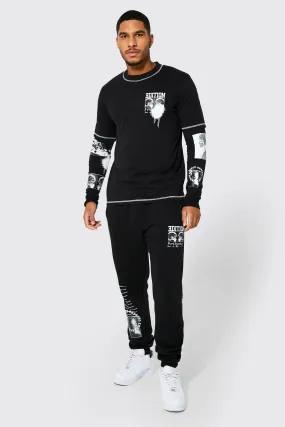 Tall Regular Faux Layer Photoprint Tracksuit | boohooMAN UK