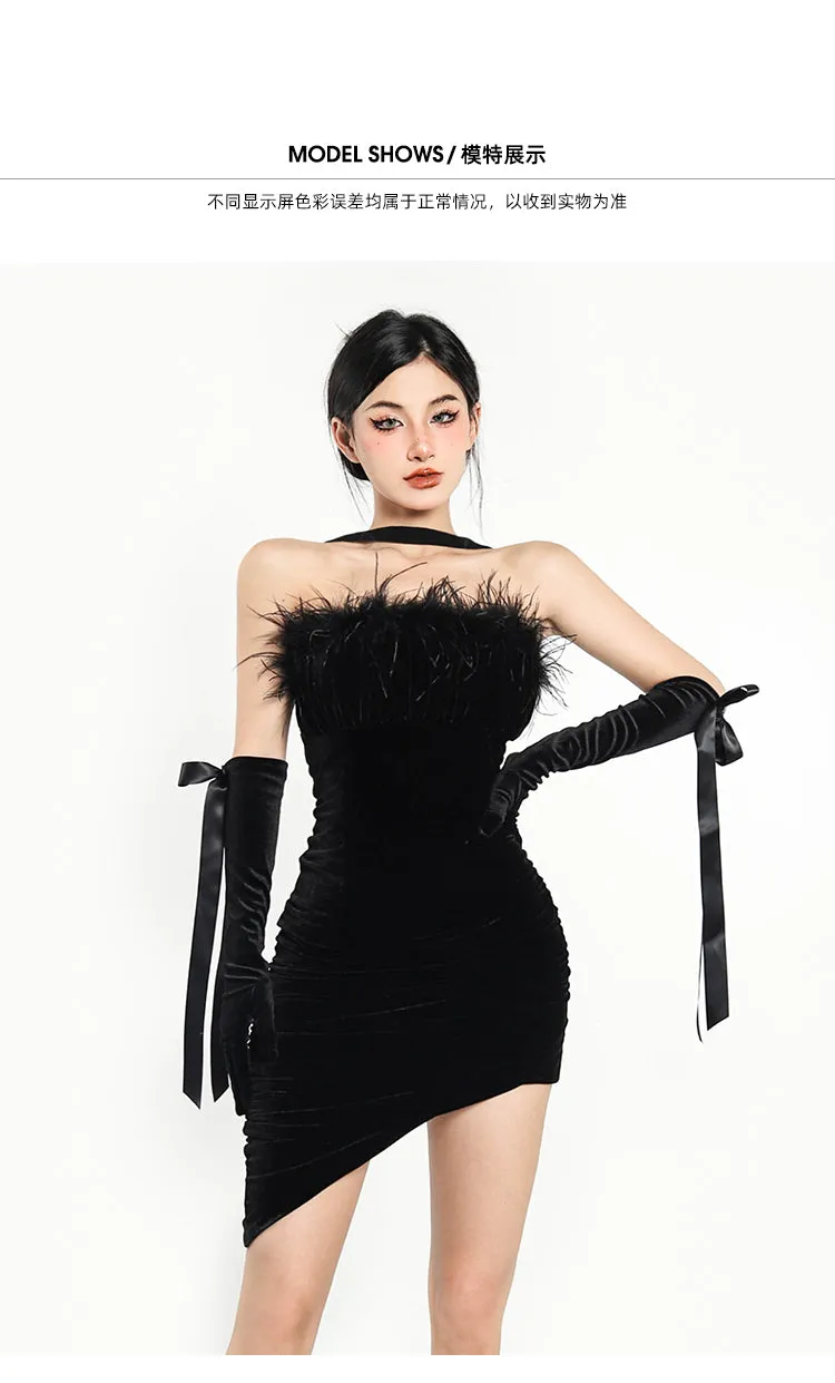 Trixie Solid Color Black Velour Bow Patch Gloves Fur Fluff Slim Asymmetrical Mini Dress