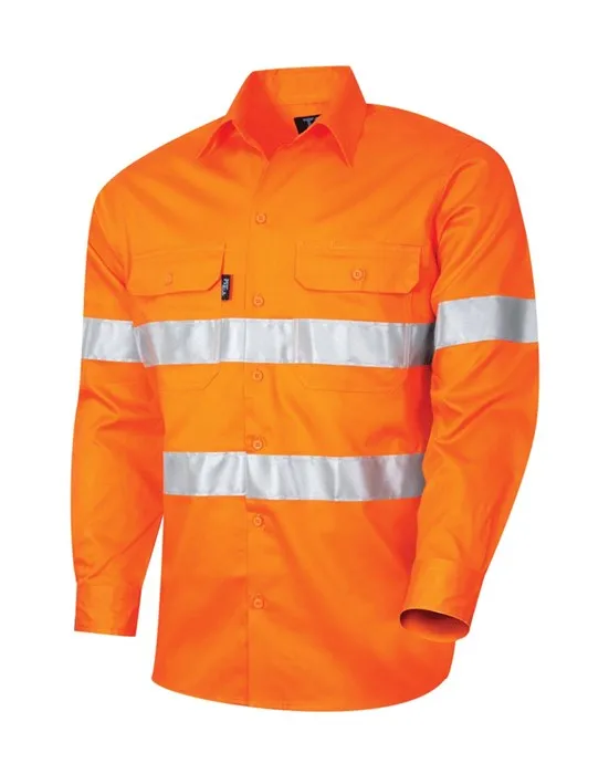 TRU WORKWEAR Regular Weight Hi Vis Orange 100% Cotton Drill Shirt with 3M Reflective Tape 190gsm L/S