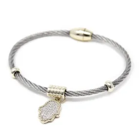 Two Tone Wire Bracelet Cubic Zirconia Pave Hamsa Hand