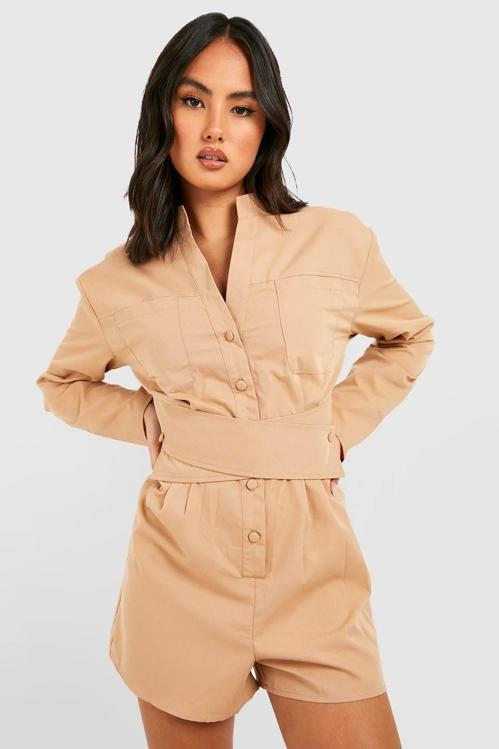 Wrap Detail Collarless Utility Romper