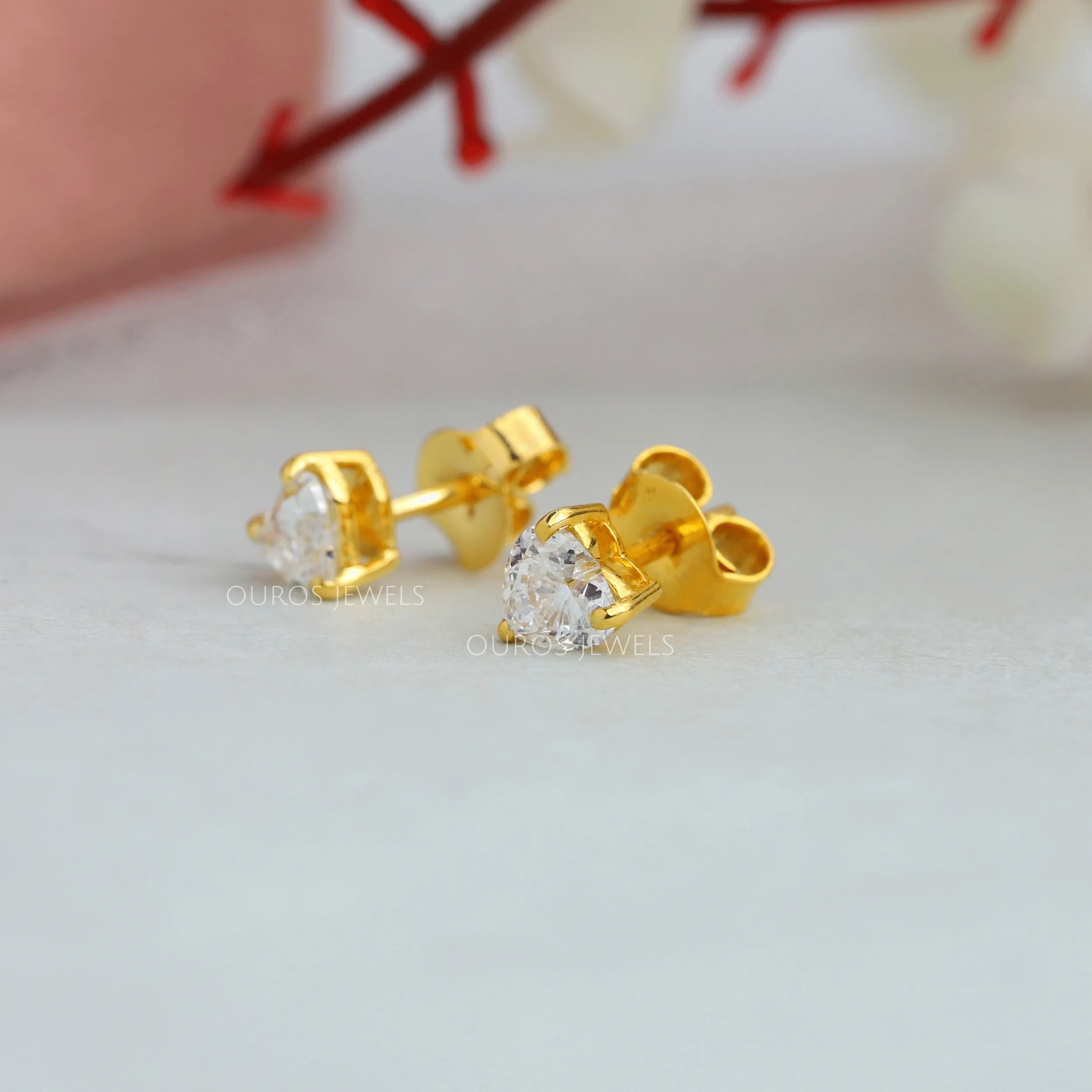 Yellow Gold Heart Shape Lab Diamond  Stud Earrings