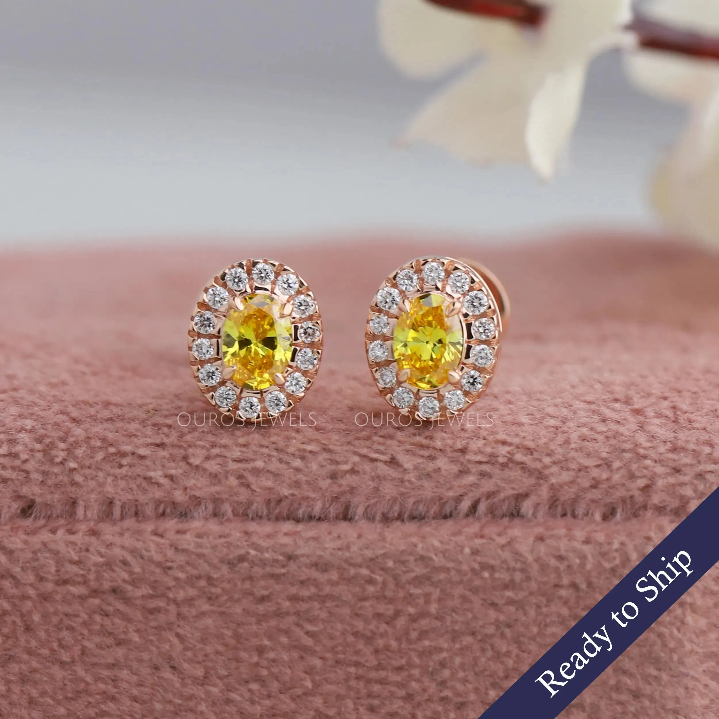 Yellow Oval Cut Halo Stud Earrings