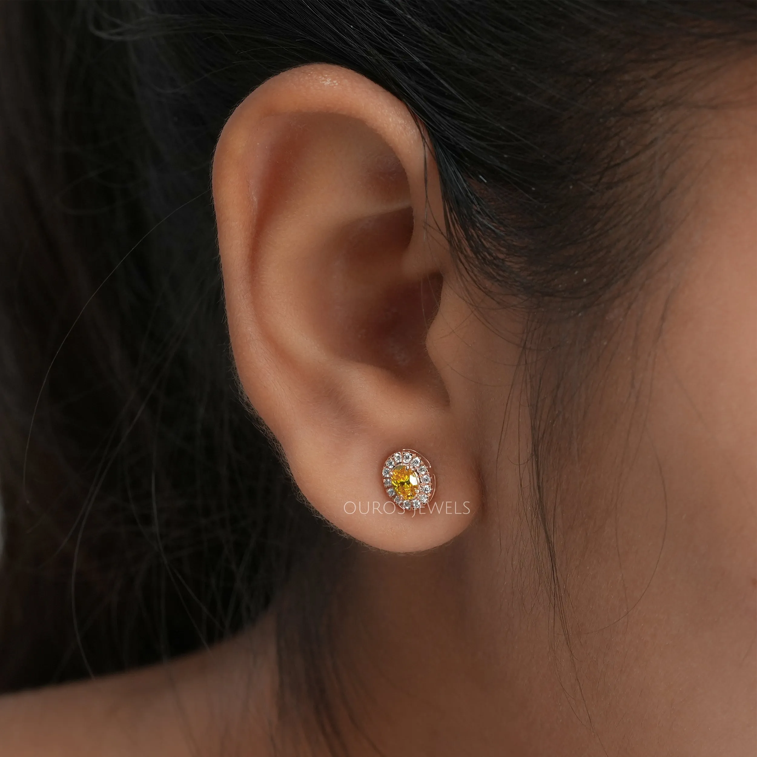 Yellow Oval Cut Halo Stud Earrings