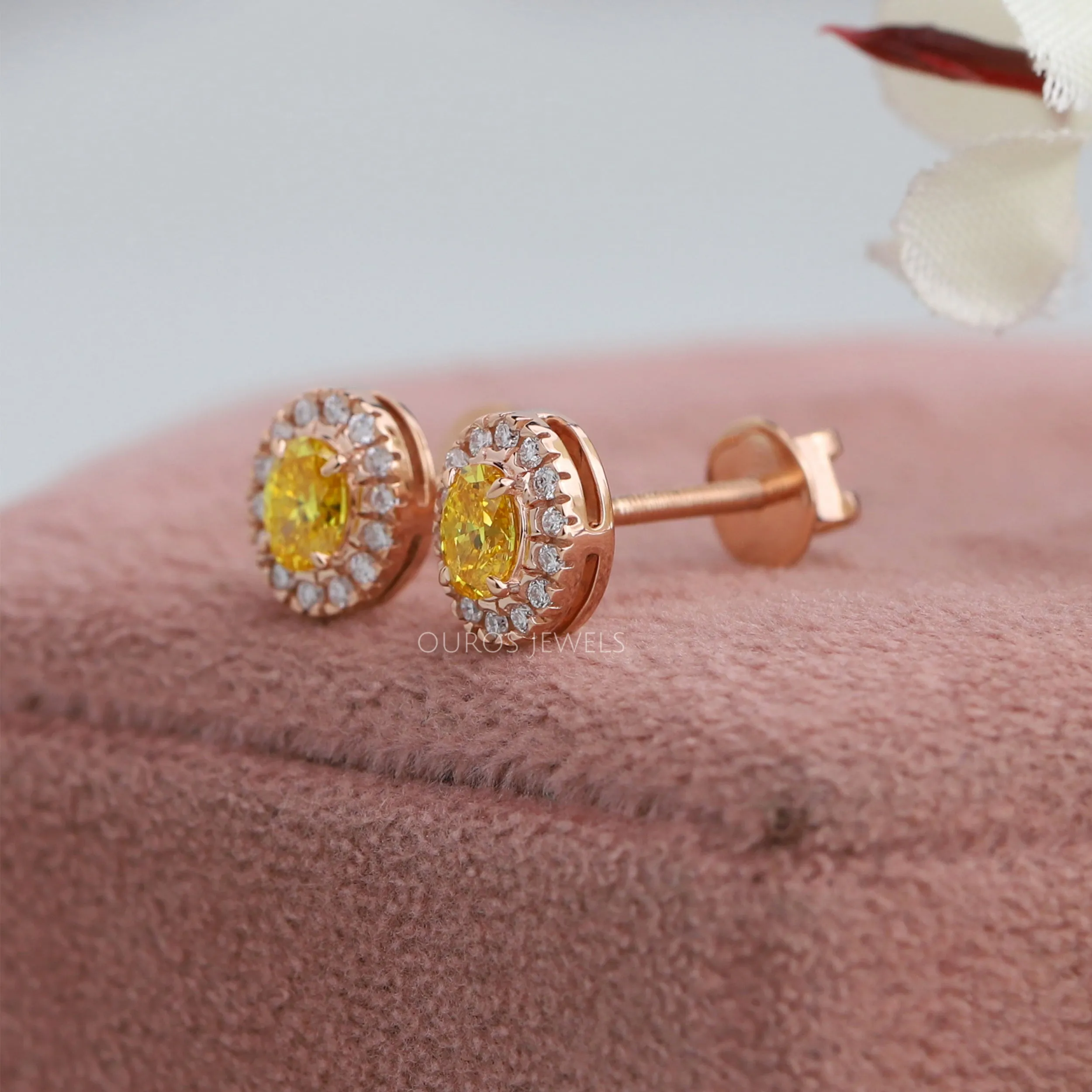 Yellow Oval Cut Halo Stud Earrings