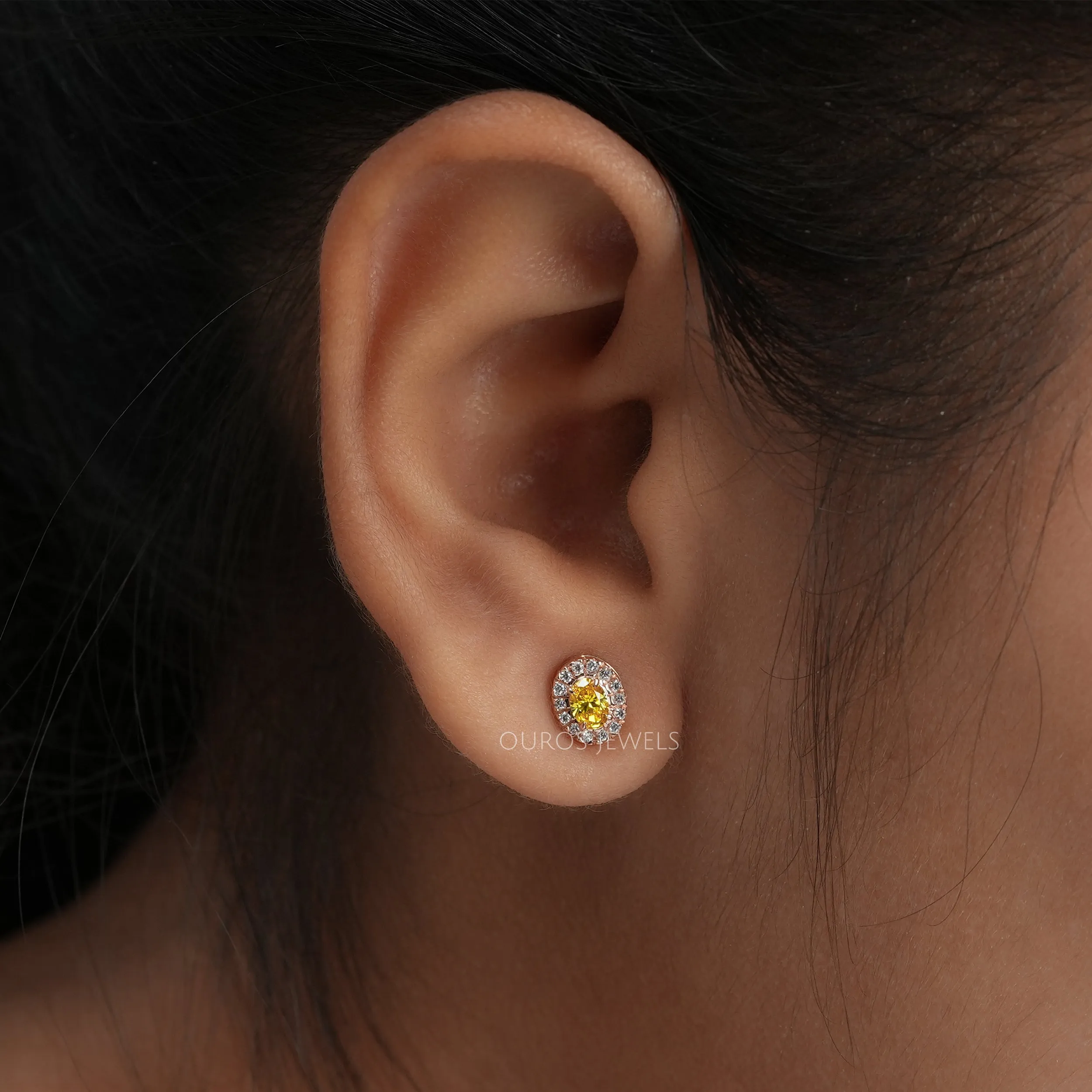 Yellow Oval Cut Halo Stud Earrings