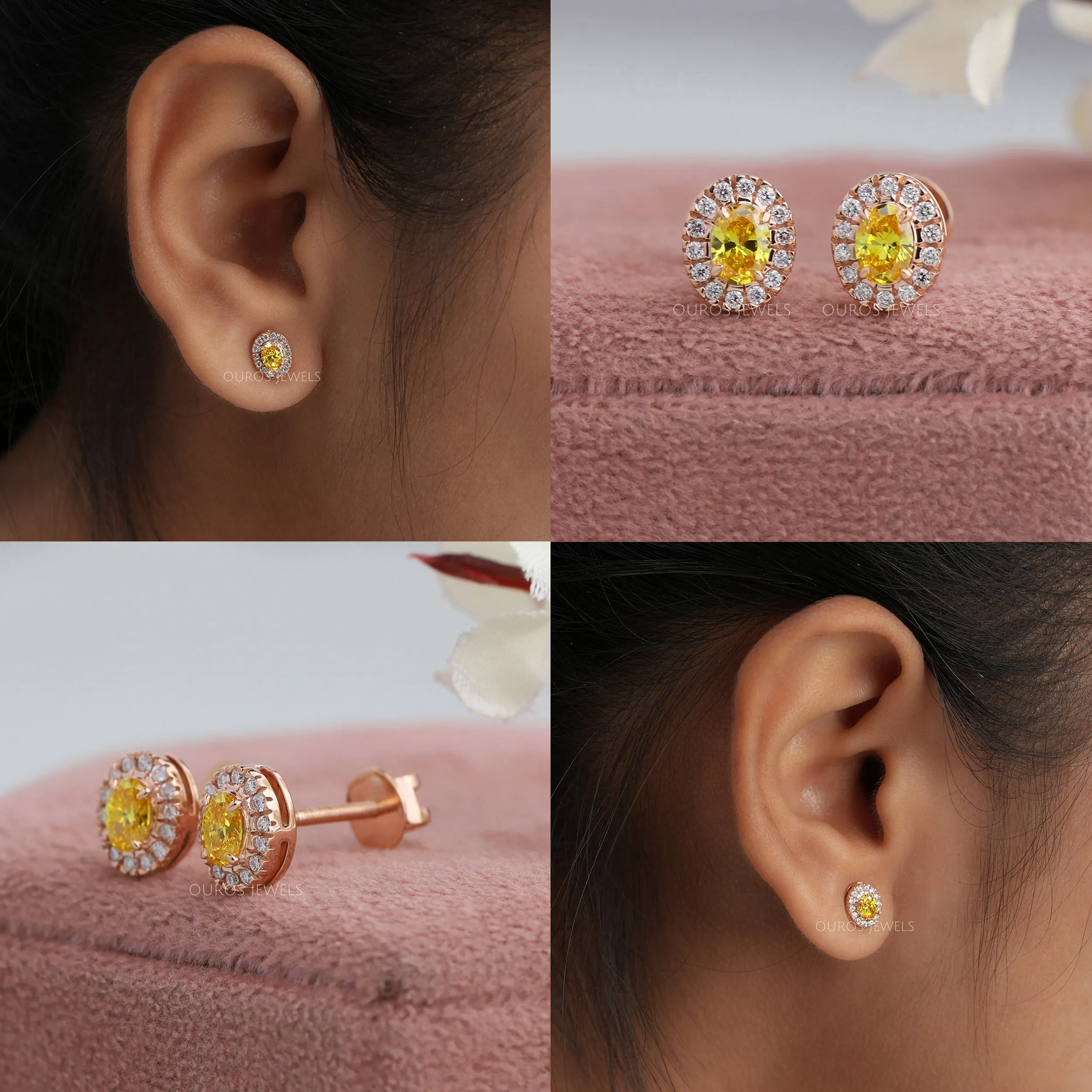 Yellow Oval Cut Halo Stud Earrings