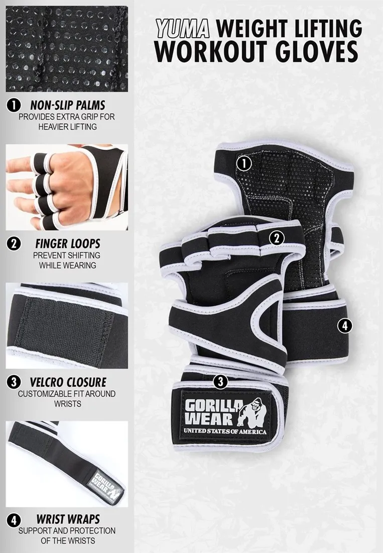 Yuma Weight Lifting Workout Gloves - Black/White - XL Gorilla Wear